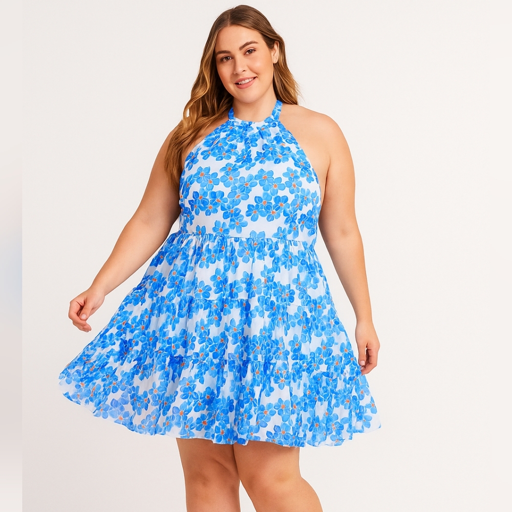 NWOT Blue Floral Halter Mini Dress Size XL